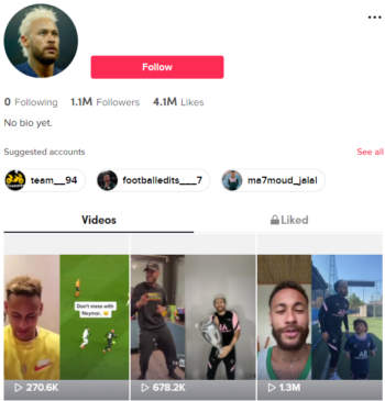 1.1M Neymar Soccer Football TikTok Account for Sale