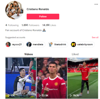 Buy Cristiano Ronaldo Football Soccer TikTok Account with 1.8 Million followers