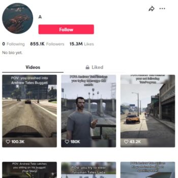 840K Andrew Tate GTA 5 Gaming Tiktok Account for sale