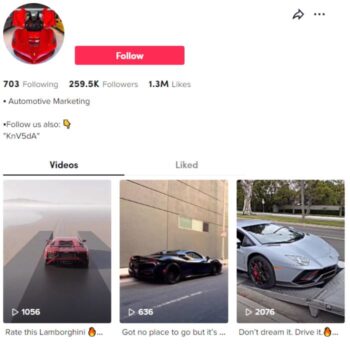 250k Automotive Cars Tiktok Account for sale
