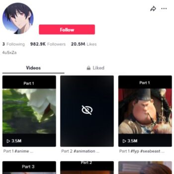 980K Animated Movie Clips Tiktok Account for sale