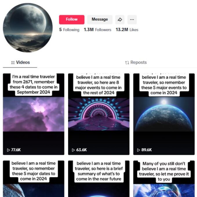 1.3M Time Travel Entertainment TikTok Account for sale