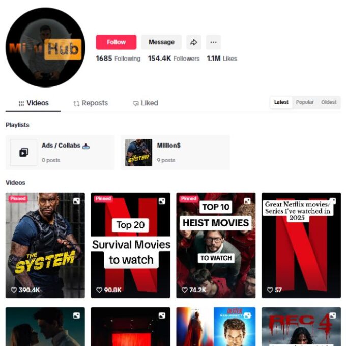 150K TV Series Movies Tiktok Account for sale