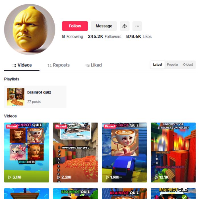 240K Entertainment Quiz Tiktok Account for sale