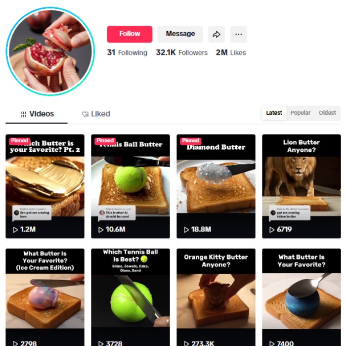 30K Satisfying AI Butter TikTok Account for sale