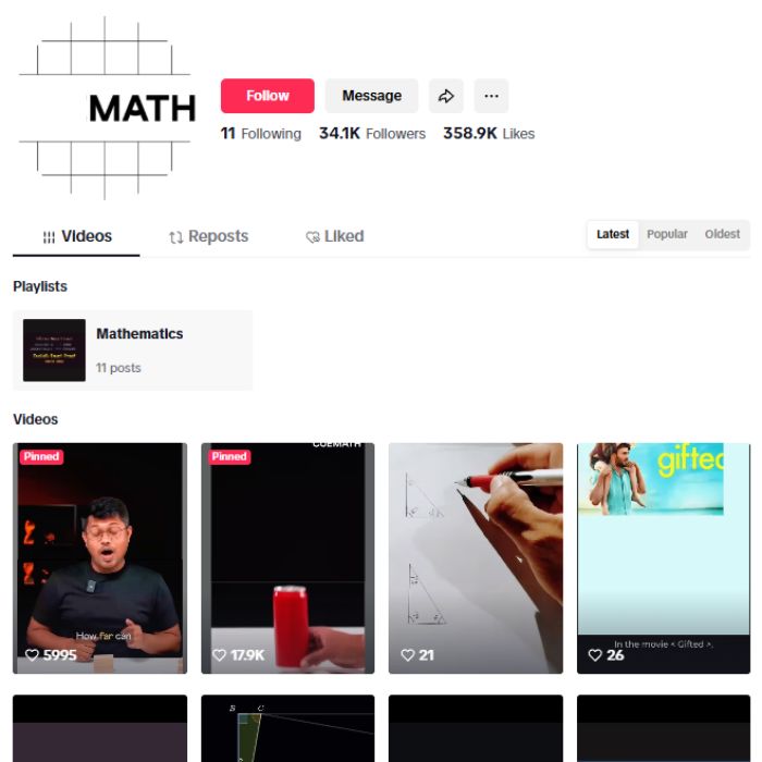 34K Maths Education Tiktok Account for sale