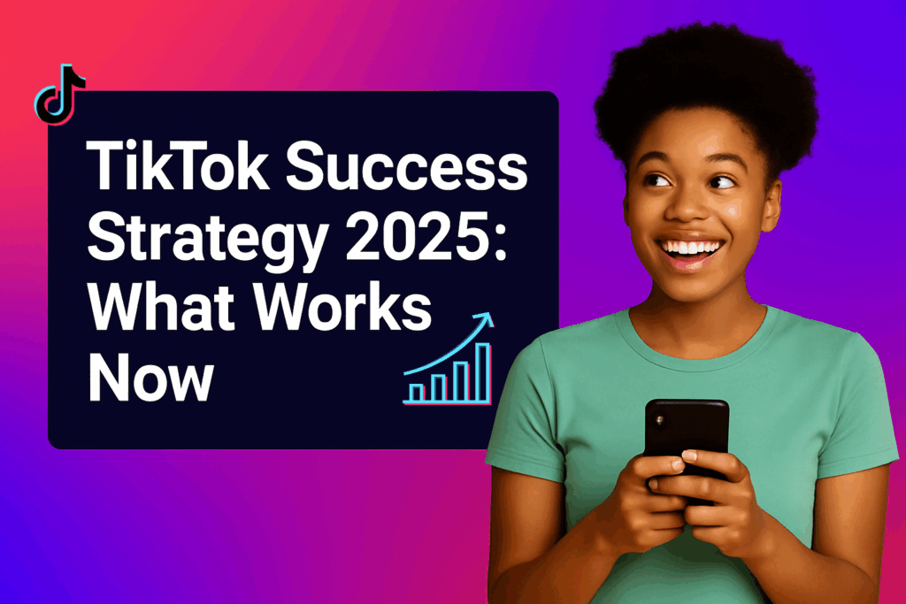 Blog banner with the title 'TikTok Success Strategy 2025: What Works Now' in bold white text on a dark blue box, set against a vibrant gradient background of pink, purple, and blue. A young smiling woman in a green shirt holds a smartphone on the right, while a neon-styled upward graph icon and small TikTok logo appear on the left.