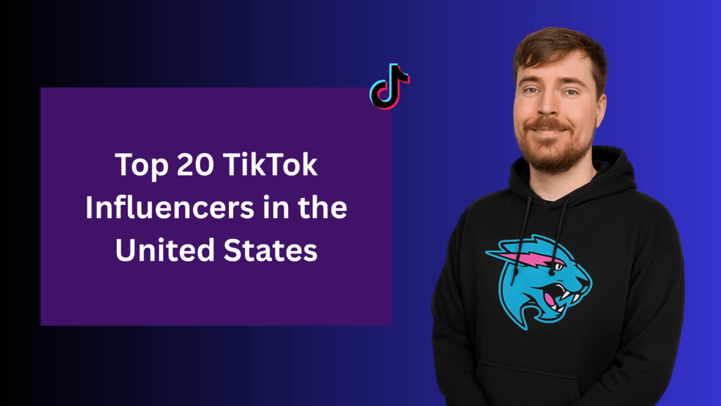 "Man in a black hoodie standing next to a purple text box that reads ‘Top 20 TikTok Influencers in the United States’ with the TikTok logo above, on a blue gradient background.