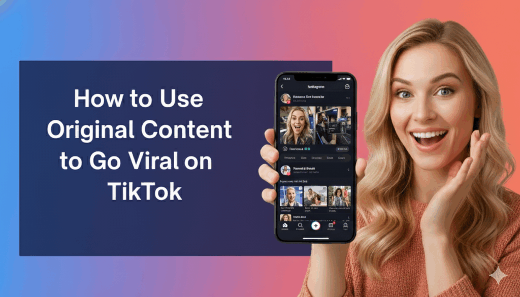 Woman holding phone with TikTok app open beside text “How to Use Original Content to Go Viral on TikTok,” digital marketing tutorial about creating viral TikTok videos.