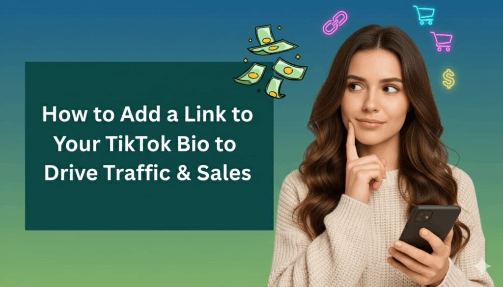 Woman holding a smartphone with icons of money, shopping carts, and links, with text reading ‘How to Add a Link to Your TikTok Bio to Drive Traffic & Sales’ on a teal and green gradient background.
