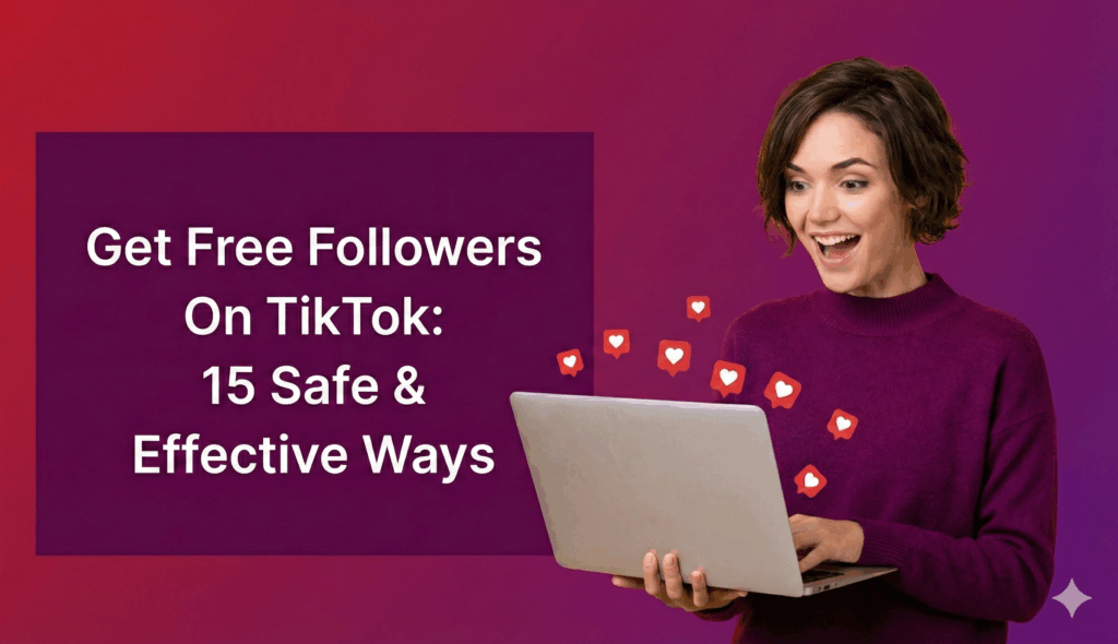 A smiling woman in a purple sweater looking excited while using a laptop, with floating TikTok-style like icons around her, next to text that reads “Get Free Followers on TikTok: 15 Safe & Effective Ways.”