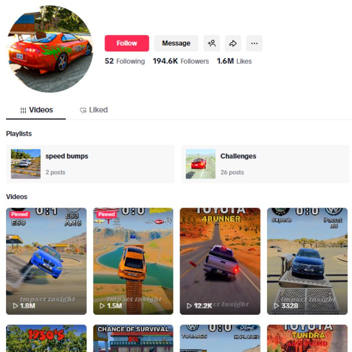 190K Car Simulation Crash Tiktok Account for sale