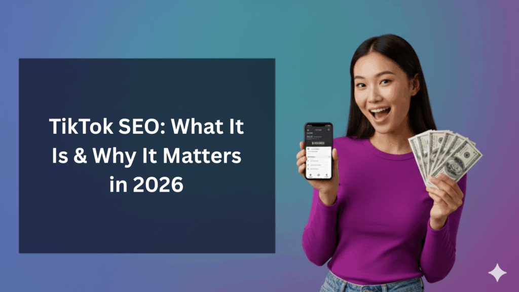 TikTok SEO explained for 2026 with woman holding phone and money, showing why TikTok search optimization matters.