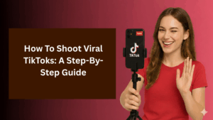 How to shoot viral TikToks step-by-step, illustrated with a content creator filming a TikTok video using a smartphone on a tripod.