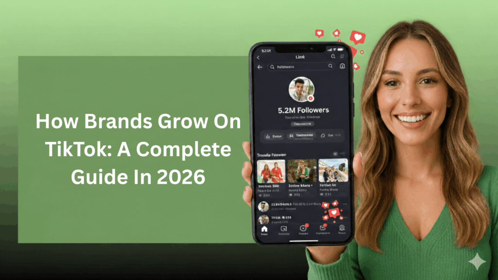 How brands grow on TikTok in 2026, illustrated by a creator holding a phone with a high-follower TikTok profile.