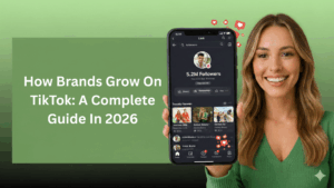 How brands grow on TikTok in 2026, illustrated by a creator holding a phone with a high-follower TikTok profile.