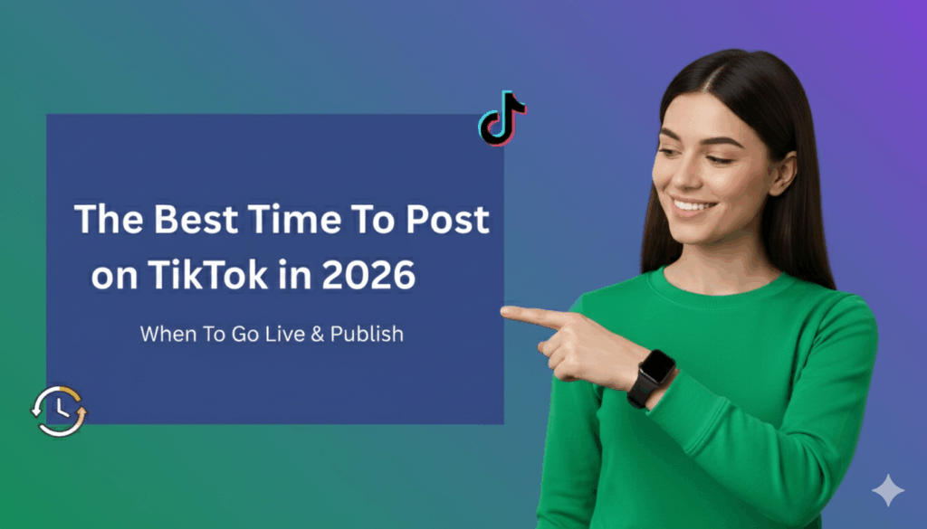 Graphic showing the best time to post on TikTok in 2026, with a woman pointing to the headline