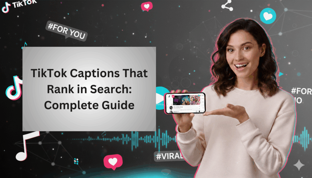 A promotional graphic about TikTok marketing featuring a smiling woman holding a smartphone displaying the TikTok app. The background includes TikTok logos, social media icons, soundwave graphics, and hashtags like #ForYou and #Viral. A large text box reads, “TikTok Captions That Rank in Search: Complete Guide.”