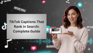 A promotional graphic about TikTok marketing featuring a smiling woman holding a smartphone displaying the TikTok app. The background includes TikTok logos, social media icons, soundwave graphics, and hashtags like #ForYou and #Viral. A large text box reads, “TikTok Captions That Rank in Search: Complete Guide.”