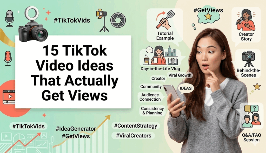 A colorful graphic titled “15 TikTok Video Ideas That Actually Get Views,” featuring a surprised young woman holding a smartphone. Surrounding her are icons and labels like tutorial example, day-in-the-life vlog, creator story, behind-the-scenes, and Q&A session, along with hashtags such as #TikTokVids, #GetViews, and #ContentStrategy.