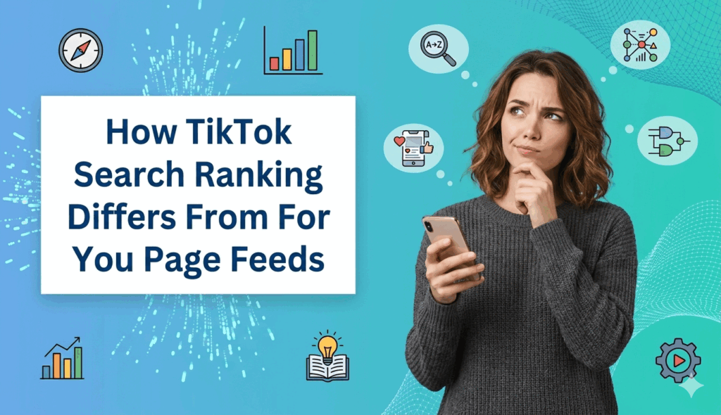 A woman in a grey sweater holds a smartphone and thinks pensive thoughts beside a text box: "How TikTok Search Ranking Differs From For You Page Feeds".