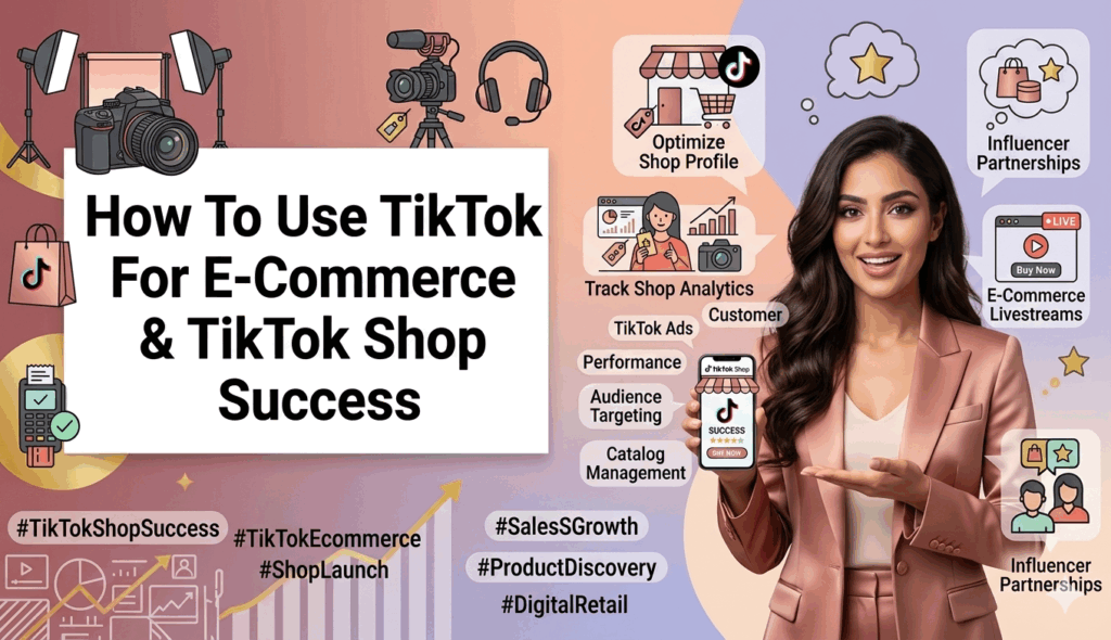 Infographic titled "How To Use TikTok For E-Commerce & TikTok Shop Success" featuring a woman in a pink blazer, digital marketing icons, and e-commerce growth strategies.