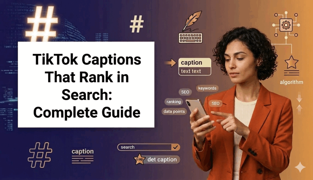 A woman in an orange blazer points at her phone next to a guide titled "TikTok Captions That Rank in Search" featuring hashtag and SEO graphics.