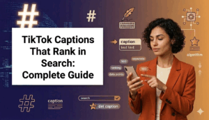 A woman in an orange blazer points at her phone next to a guide titled "TikTok Captions That Rank in Search" featuring hashtag and SEO graphics.