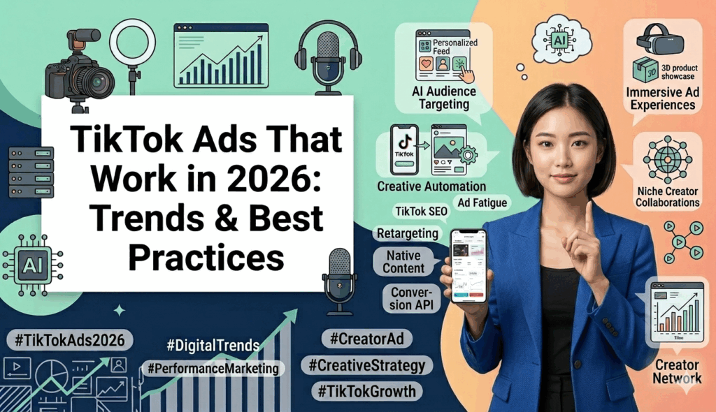 Woman in a blue blazer holding a phone next to text reading: "TikTok Ads That Work in 2026," surrounded by digital marketing icons.
