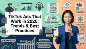 Woman in a blue blazer holding a phone next to text reading: "TikTok Ads That Work in 2026," surrounded by digital marketing icons.