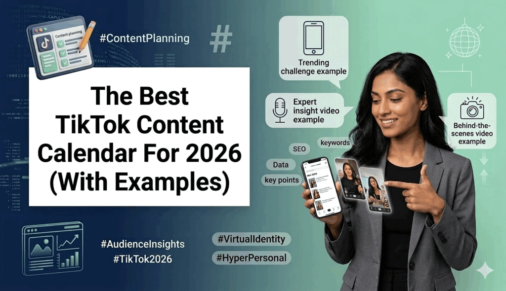 A professional woman in a grey blazer points at a smartphone calendar next to the text: "The Best TikTok Content Calendar For 2026 (With Examples)."
