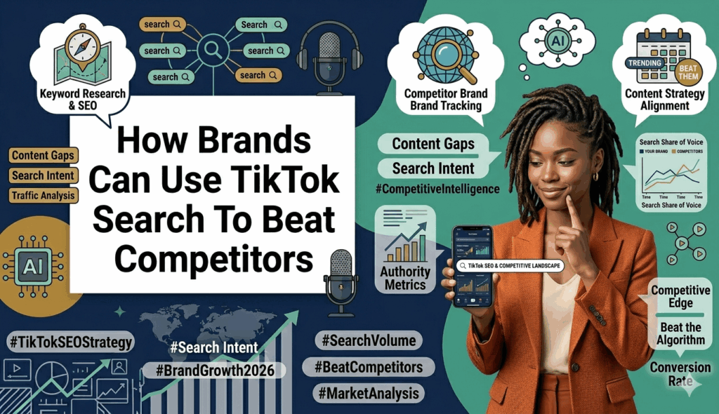 Gemini said A woman with dreadlocks holds a smartphone displaying analytics next to the text: "How Brands Can Use TikTok Search To Beat Competitors."