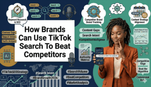 Gemini said A woman with dreadlocks holds a smartphone displaying analytics next to the text: "How Brands Can Use TikTok Search To Beat Competitors."