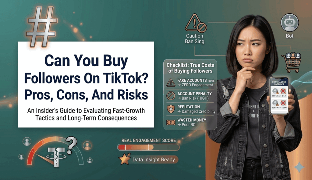 An educational infographic banner about TikTok monetization. It shows a woman in a yellow sweater pointing to a phone displaying view counts and an estimated payout of $20 to $50 for 1 million views. Floating panels detail view milestones and key performance factors.