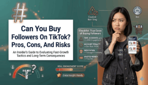 An educational infographic banner about TikTok monetization. It shows a woman in a yellow sweater pointing to a phone displaying view counts and an estimated payout of $20 to $50 for 1 million views. Floating panels detail view milestones and key performance factors.