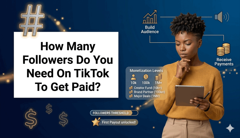 An informative banner titled "How Many Followers Do You Need On TikTok To Get Paid?" featuring a woman examining a tablet next to monetization milestones.