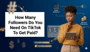 An informative banner titled "How Many Followers Do You Need On TikTok To Get Paid?" featuring a woman examining a tablet next to monetization milestones.