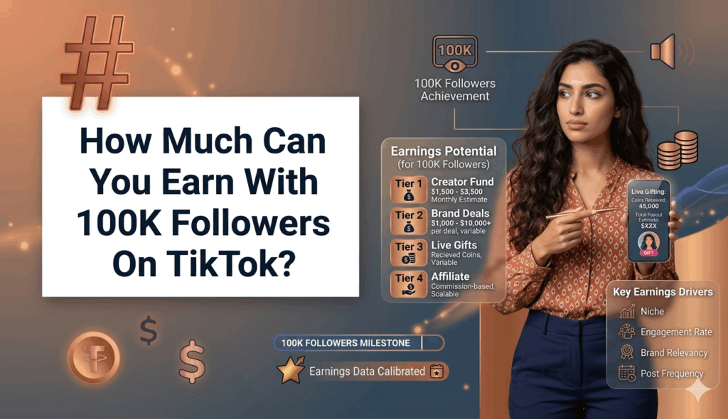 An infographic summarizing the potential monthly earnings breakdown for a TikTok creator with 100,000 followers, showing tiered income estimates and key success factors.