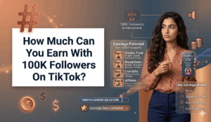An infographic summarizing the potential monthly earnings breakdown for a TikTok creator with 100,000 followers, showing tiered income estimates and key success factors.