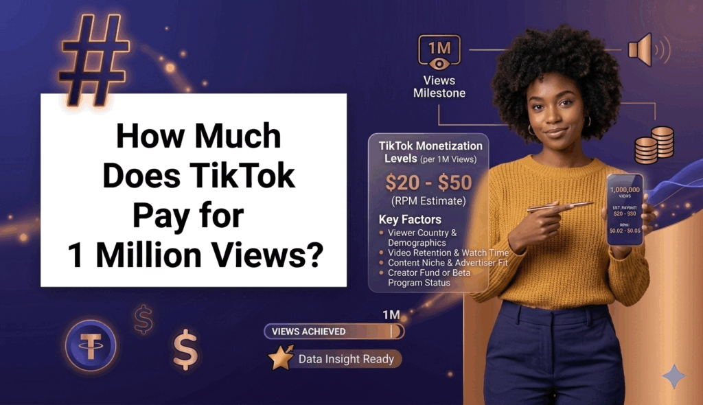 An infographic banner titled "How Much Does TikTok Pay for 1 Million Views?" featuring a woman in a yellow sweater pointing to a phone displaying view counts and payout estimates.