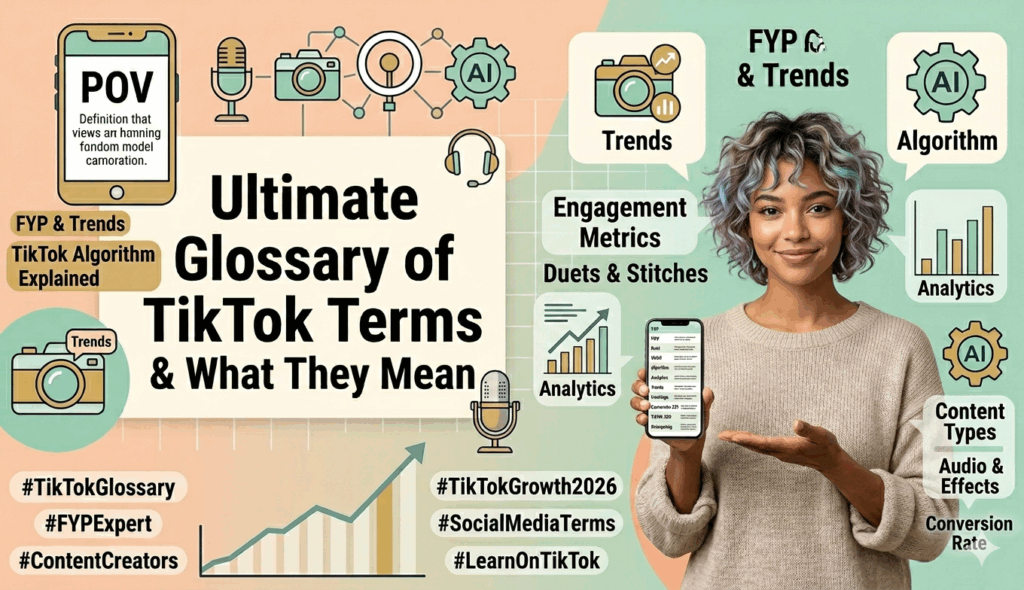 Gemini said A 20-year-old woman with blue-streaked hair holds a smartphone next to text reading: "Ultimate Glossary of TikTok Terms & What They Mean."