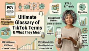 Gemini said A 20-year-old woman with blue-streaked hair holds a smartphone next to text reading: "Ultimate Glossary of TikTok Terms & What They Mean."