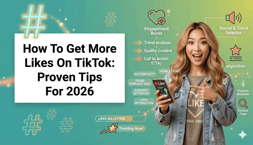 Educational banner for TikTok engagement tips featuring an excited young woman.