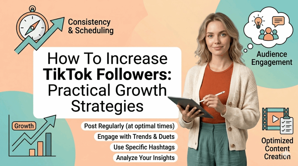 A banner featuring a Caucasian woman holding a tablet, titled "How To Increase TikTok Followers: Practical Growth Strategies" with growth-themed icons.