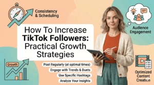 A banner featuring a Caucasian woman holding a tablet, titled "How To Increase TikTok Followers: Practical Growth Strategies" with growth-themed icons.