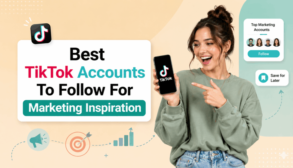 ikTok marketing banner featuring an excited young woman pointing at a phone, with bold text about the best TikTok accounts for marketing inspiration and minimalist marketing-themed graphics on a beige and teal background.