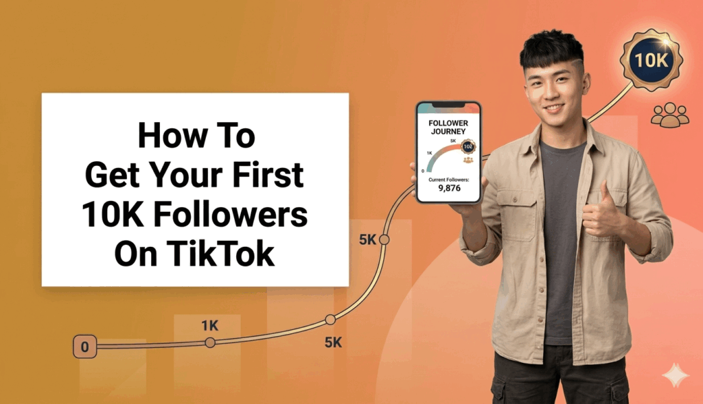 An informational banner titled "How To Get Your First 10K Followers On TikTok," featuring a smiling man holding a phone that shows a progress graph nearing 10K followers. An ascending growth curve with key milestones is in the background.