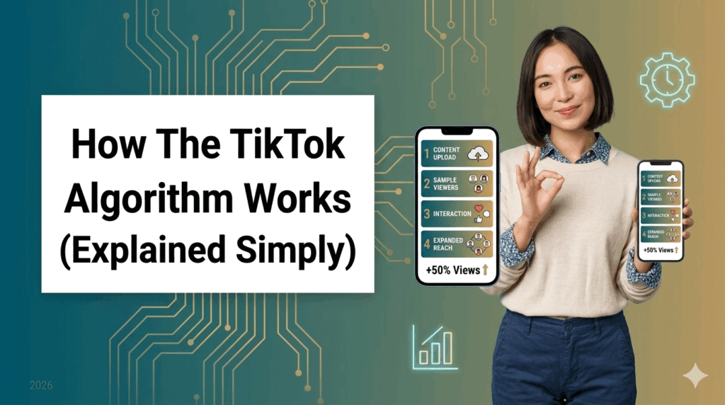 An educational banner detailing "How The TikTok Algorithm Works (Explained Simply)". A smiling woman holds a smartphone displaying a four-step process for growing views through content upload, sample viewers, interaction, and expanded reach, against a teal and beige circuit board background.