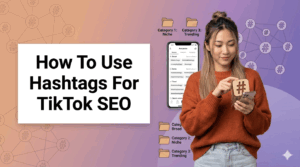 A marketing graphic titled "How To Use Hashtags For TikTok SEO." It features a young woman holding a smartphone and a wooden hashtag block, surrounded by icons of digital folders labeled by hashtag categories against a purple gradient background.