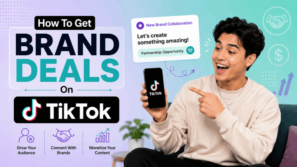 Young man holding TikTok app phone beside bold “Brand Deals” text with partnership graphics.